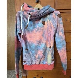 Wanakome Cowl Neck Pullover Size Small Tie Dye Hood Pocket Heavyweight Coral